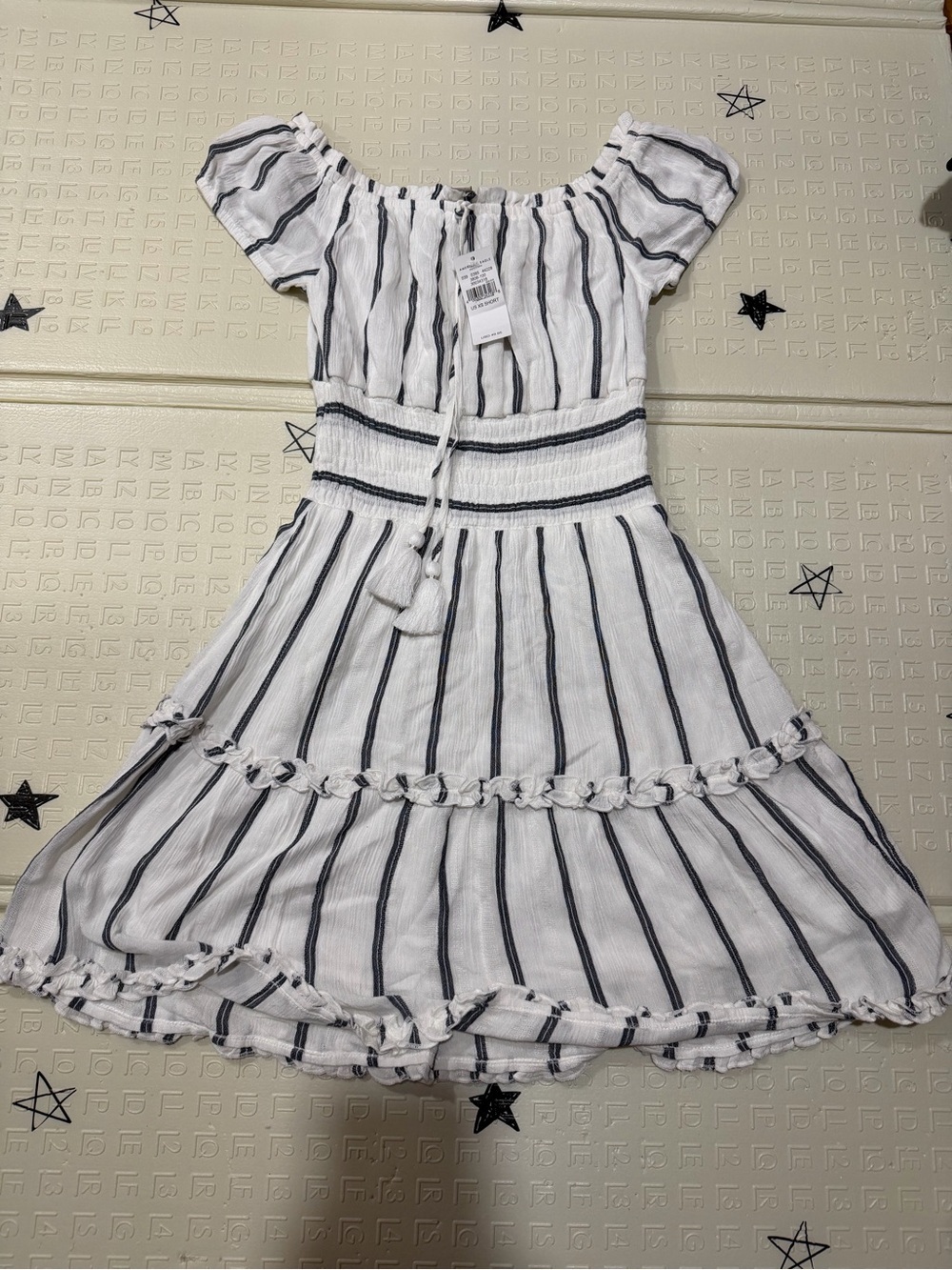 American Eagle White and Navy Stripe Off-Shoulder Smocked Waist Dress